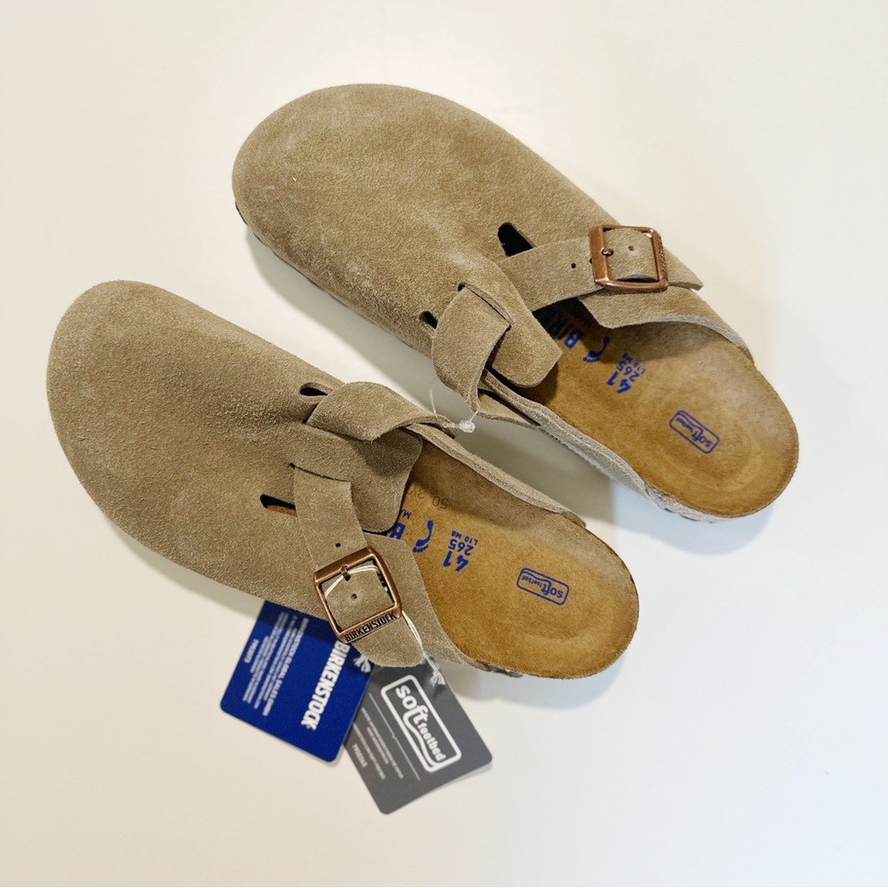 NWT Birkenstock Boston soft footbed suede leather taupe clogs. Size 41 W 10/M 8